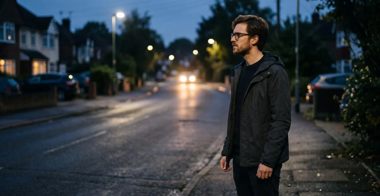 Un homme portant des lunettes regarde la route faiblement éclairée au crépuscule.