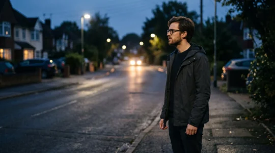 Un homme portant des lunettes regarde la route faiblement éclairée au crépuscule.