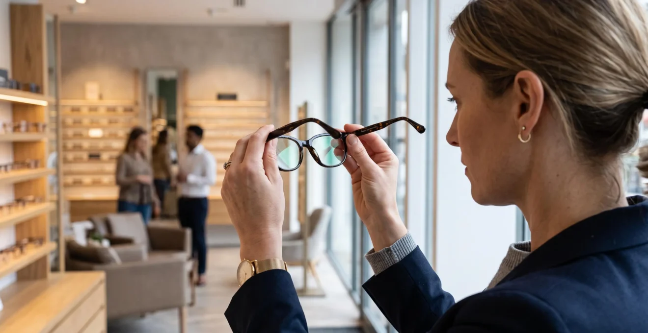 Un opticien examine le traitement anti-reflet d'une paire de lunettes en magasin.